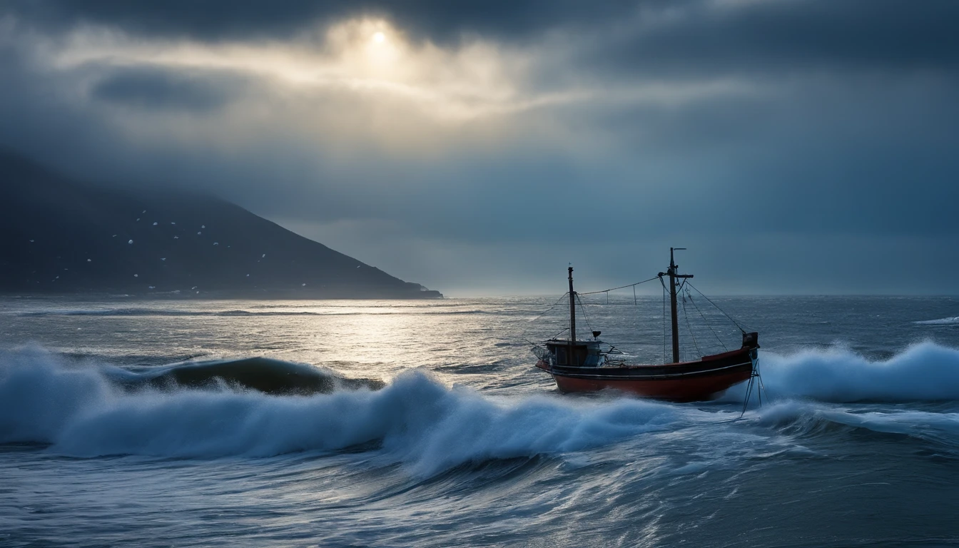 spectacular realistic, Rough sea in the middle of winter with falling snow、a seagull、A Japanese fishing boat、evening、
