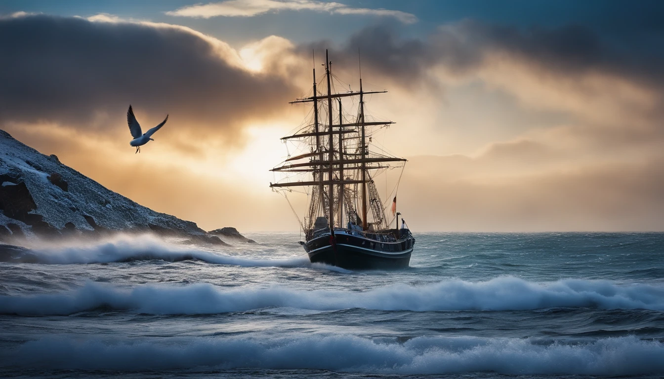 spectacular realistic, Rough sea in the middle of winter with falling snow、a seagull、A Japanese fishing boat、evening、