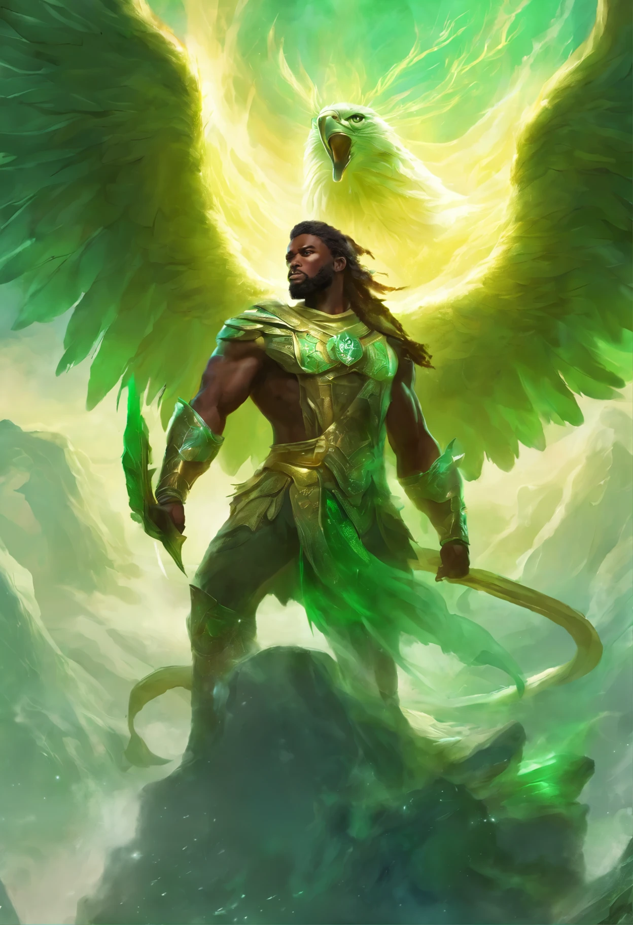 Muscular Nigeria Handsome Warrior Riding Cosmic White Giant Eagle, Lightning Green, Chaos
