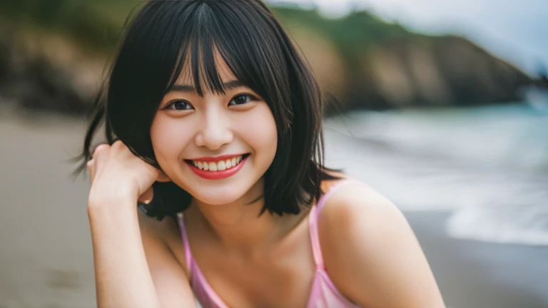 (( Best Picture Quality , 8k, Masterpiece: 1.3)), portrait, (( NSFW2.0)), 2 girls, 20 years old, beautiful Japanese idol, grin Smile, beach, black hair, super short hair, pixie cut, kawaii, (Realistic: 1.4), pink thong swimsuit, early morning light,.