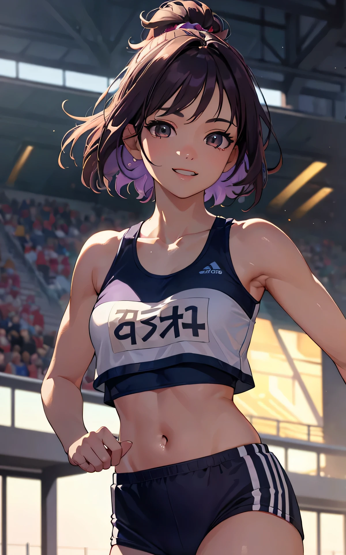 Unity 8K Wallpaper, Masterpiece, Best Quality, Ultra Detailed, Extremely Detailed CG, Ultra High Resolution, Caustics, Detailed, Beautiful Detailed Eyes, solo, (close up face, portrait:1.3, athletics stadium, brighten the subject, running trunks), smile, brown eyes, medium hair, purple hair