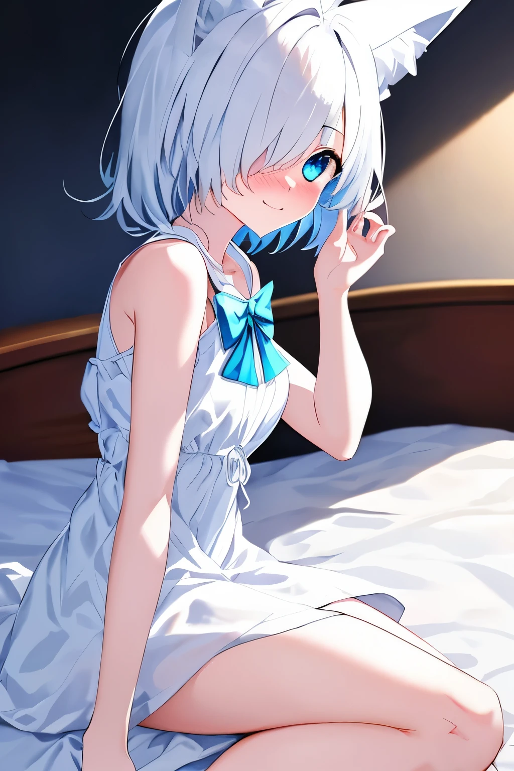 1girl, fox ears, blue eyes, white hair, hair over one eye, from side, pov, sitting, bed sheet, light, nose blush, light smile, white dress, blue bow, sparkle,
