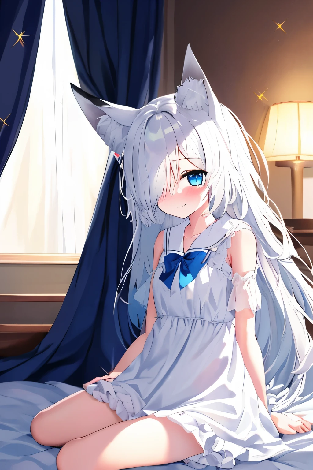 1girl, fox ears, blue eyes, white hair, hair over one eye, from side, pov, sitting, bed sheet, light, nose blush, light smile, white dress, blue bow, sparkle,