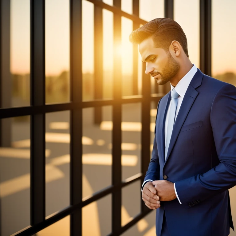 businessman in suit, side view, ultrarealistic, golden hour