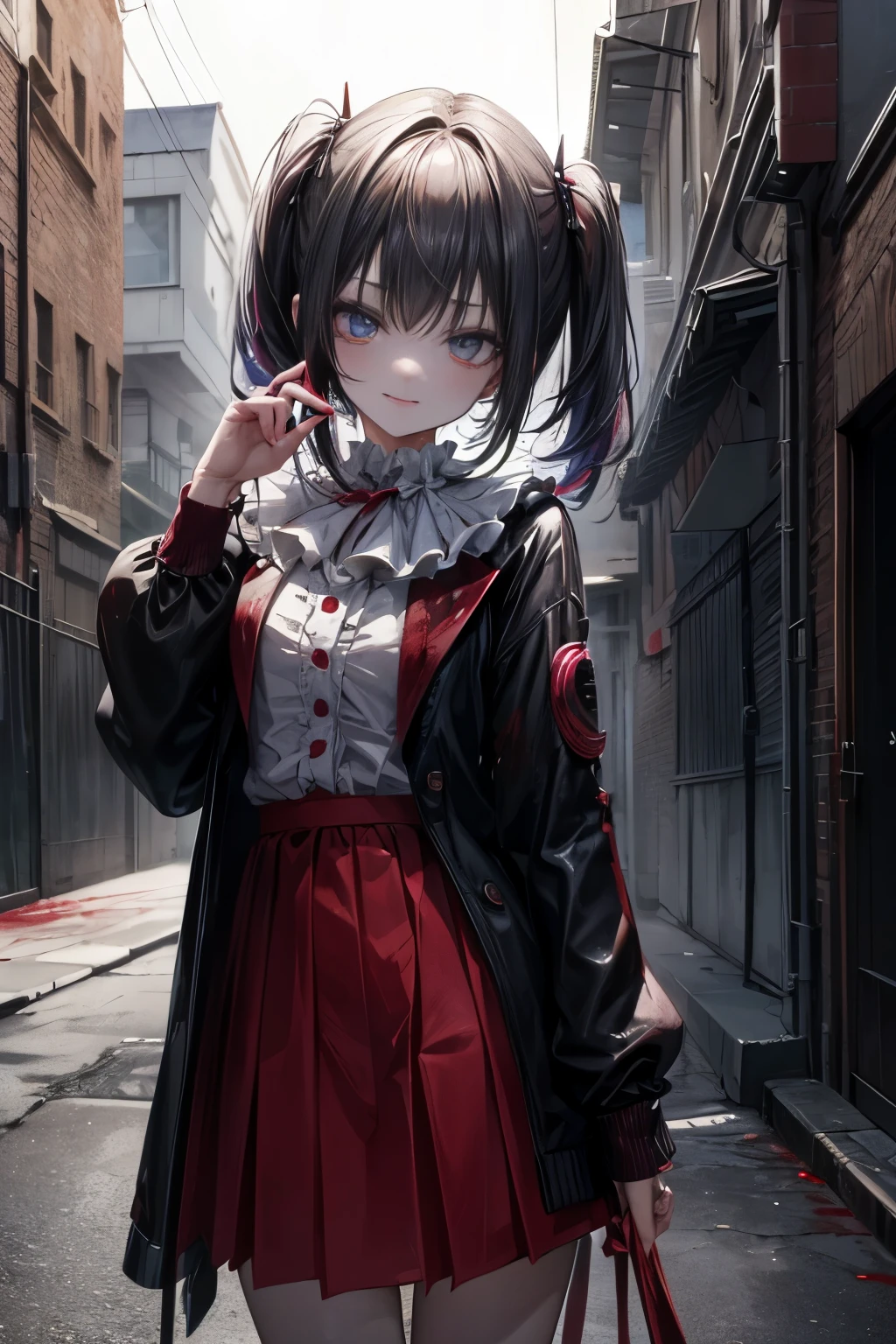 ((Masterpiece)), (Professional Photography:1.2), (High Definition:1.3), best quality, 8K, Textured skin, cinematic lighting, absurdres, highres, ultra detailed, 4k wallpaper, (vibrant colors), cute teenage girl, super cute face, (moody lighting), 1girls, (dark back alley), creepy atmosphere, ((killer clown woman)), psycho, deranged, crazy smile, (yandere), (small breasts), ((blood stains)), dripping blood, cute pose