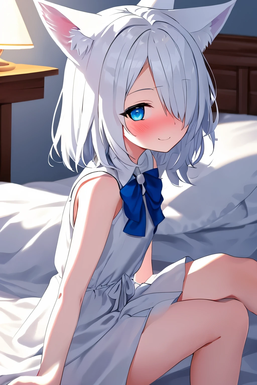 1girl, fox ears, blue eyes, white hair, hair over one eye, from side, pov, sitting, bed sheet, light, nose blush, light smile, white dress, blue bow, sparkle,