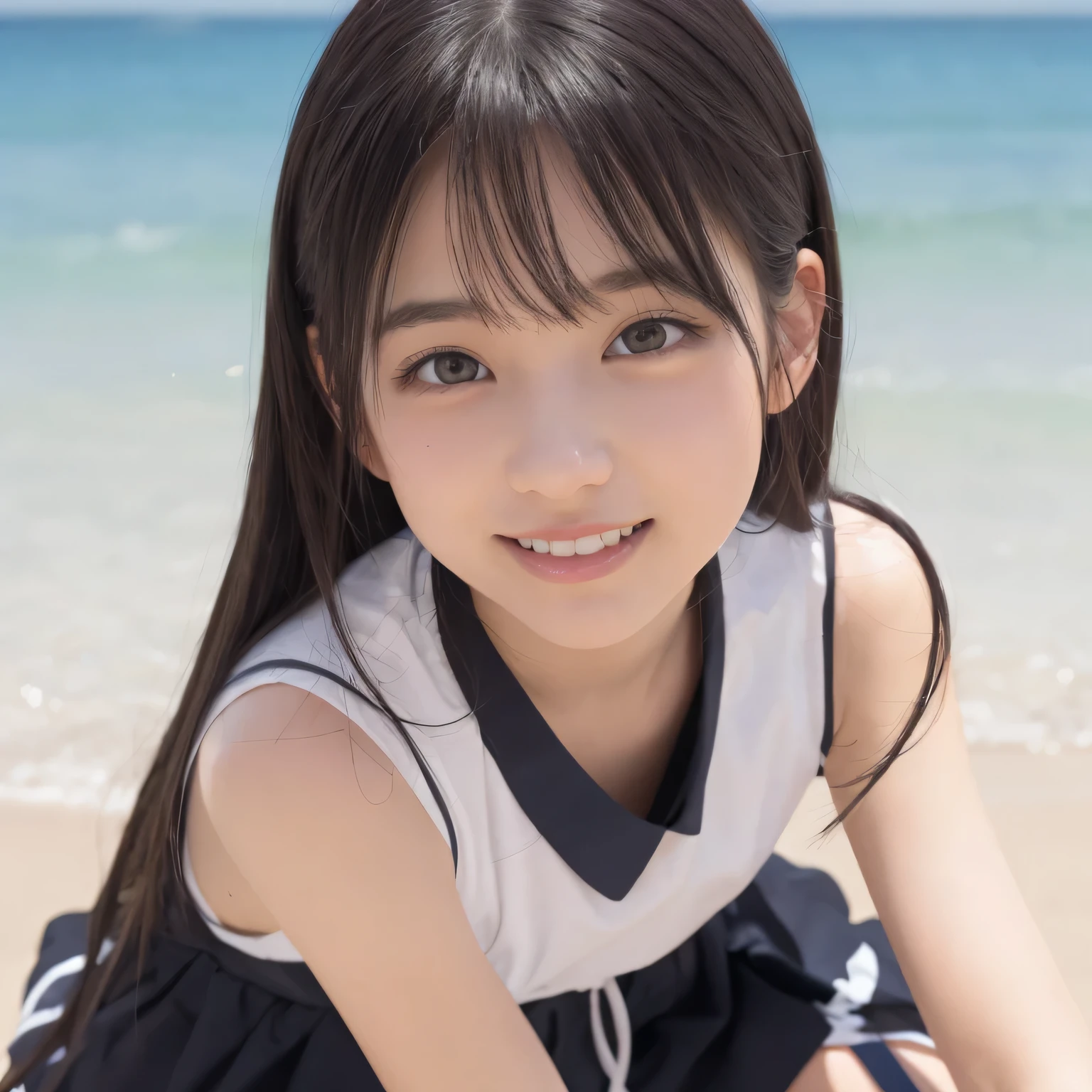 on the table, best quality, illustration, Super detailed, fine details, high resolution, 8k wallpaper, Perfect dynamic composition, Beautiful and delicate eyes,whole body摄影，show your whole body、collared shirt、mini skirt,thin and transparent、long gray hair, Bold sexy pose,Smile,Harajuku、20 year old girl、Eyeliner、beautiful bangs、hair between eyes、((masterpiece、top quality、Super detailed、movie light、intricate details、high resolution、Very detailed))、background for this、8 kood、digital SLR、soft light、high quality、film grain、富士XT3 、shallow view deep、natural soft light、Kamimei、See the knees, side view, standing at the beach,Look at the sexy shots of the lens、Above the legs、whole body、