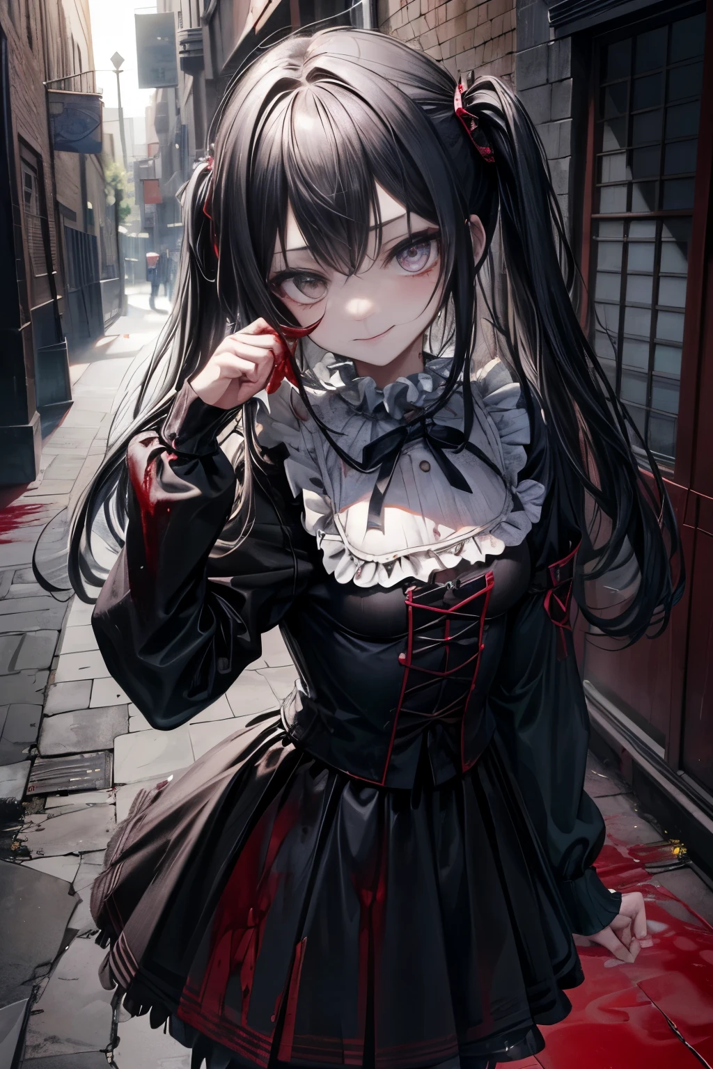 ((Masterpiece)), (Professional Photography:1.2), (High Definition:1.3), best quality, 8K, Textured skin, cinematic lighting, absurdres, highres, ultra detailed, 4k wallpaper, (vibrant colors), cute age girl, super cute face, (moody lighting), 1girls, (dark back alley), creepy atmosphere, ((killer clown woman)), psycho, deranged, crazy smile, (yandere), (small breasts), ((blood stains)), dripping blood, cute pose