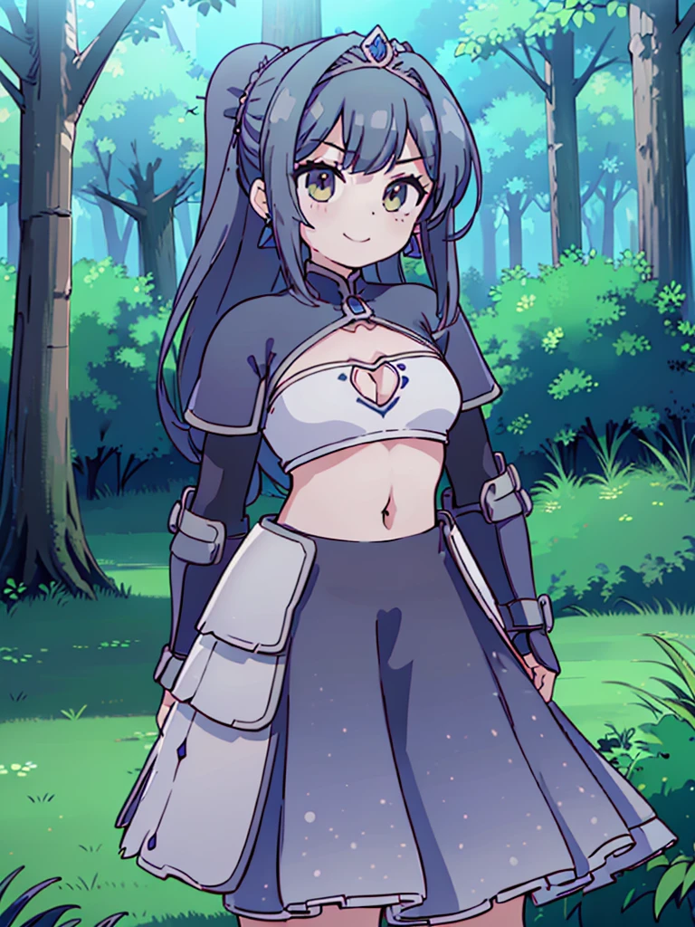 gran calidad ++ Extremely detailed high resolution, very aesthetic, ojos expresivos, (((Cara perfecta))), (((symmetrical face))), ((good anatomy)), (((manos perfectas))), (((8k))), UHD, Fondo de pantalla HD, (((alta calidra detallada, (((1girl))), ((((cuerpo completo)))), (((Miyu Edelfelt))), solamente, ojos azules, jaeces, Pendientes, Cabello largo, parodia, (((hair dyed white))), (((cicatriz))), (((cicatriz ocular))), (((adorno para el cabello))), (((fondo de bosque invernal))), Cola de caballo lateral, cicatriz en la cara, Parte superior del cuerpo, (((They are smiling))), armadura guerrera, ((((crop top)))), ((((navel)))), ((((tasset armor)))), (((((dress))))), (((tiara))), (((jewelry))), (((earrings))), (((cleavage cutout))),