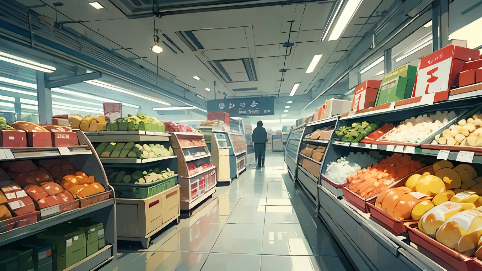 supermarket，Armageddon，panoramic interior，Two-dimensional style，Japanese animation style
