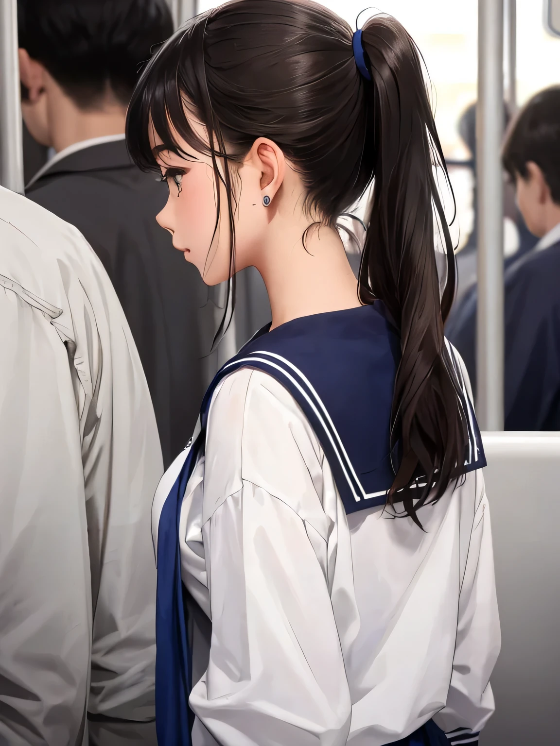 highest quality,High resolution, 8K, cute girl,Cute Ponytail,perfect skin,big breasts,sailor suit、A super close-up shot of the sexy nape from right behind、Close-up of the nape from directly behind、in a crowded train