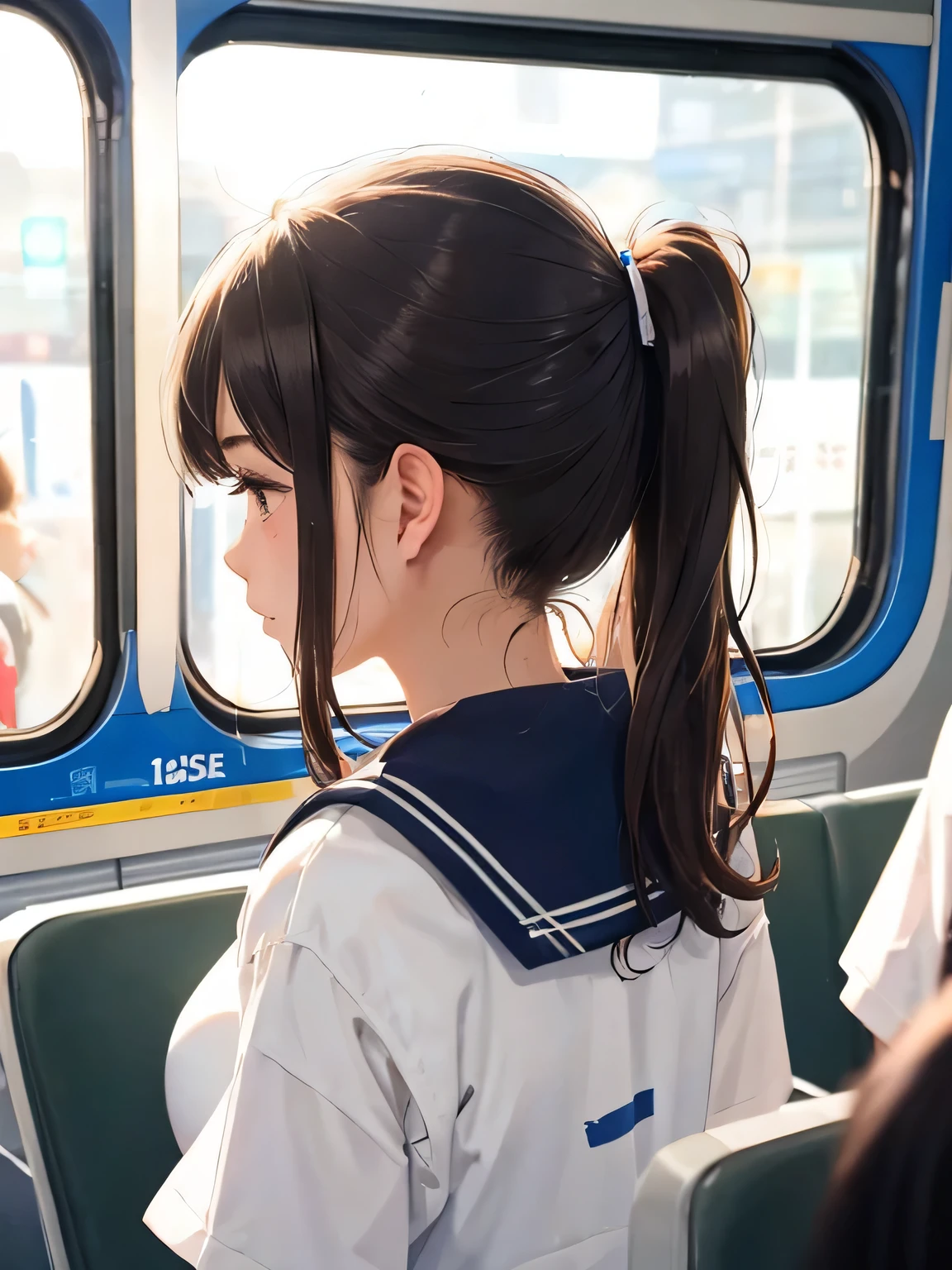 highest quality,High resolution, 8K, cute teenage girl,Cute ponytail,perfect skin,big breasts,((navy blue sailor uniform))、Super close-up of the sexy nape from directly behind、Close-up of the nape from directly behind、In a crowded train
