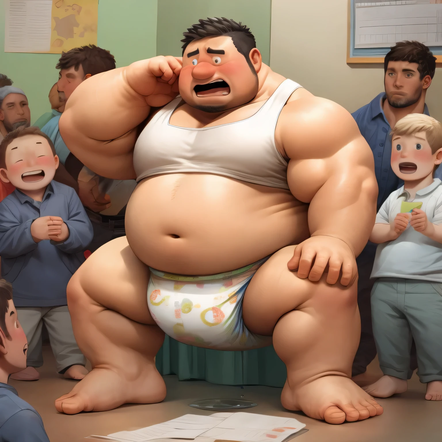 masterpiece,highest quality, At 16K, the fat man is a cruel prisoner, delay, human, 50s, (obesity: 1.0), fatty muscle, bowl leg, he is pressing his heels together, despondency, I was incontinent, 50s, waddle, There is a small puddle under him, I was incontinent, naked, short legs, bowl leg, spread your legs, 白い布おむつとかわいいDroolかけを着用してください, White diapers, Pampers, nakedのお腹, naked足, naked足, nakedの靴底, 上半身naked, wide forehead and short thin hair, A man with a big face and stubble, naked足, nakedの靴底, shy, sob, embarrassing, bright skin tone, Drool, round face, vapor, alone, She enters a nursery school but is looked down upon by the children., he was surrounded by children
