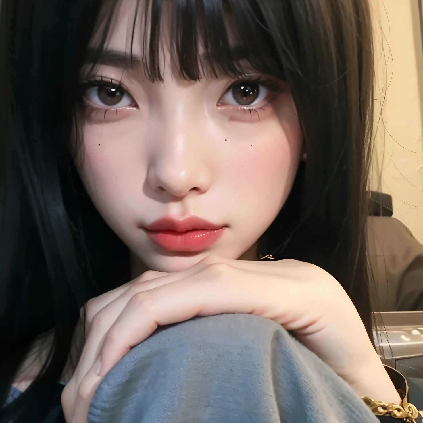 There's a woman with long hair and a red lipstick, she has black hair con flequillo, con flequillo, con flequillo completo, flequillo contundente cae sobre su frente, long black hair con flequillo, pelo negro y ojos grandes, sui ishida con cabello negro, cabello con flequillo negro, Lisa de blackpink, Lalisa Manobal, pelo negro y flequillo blanco