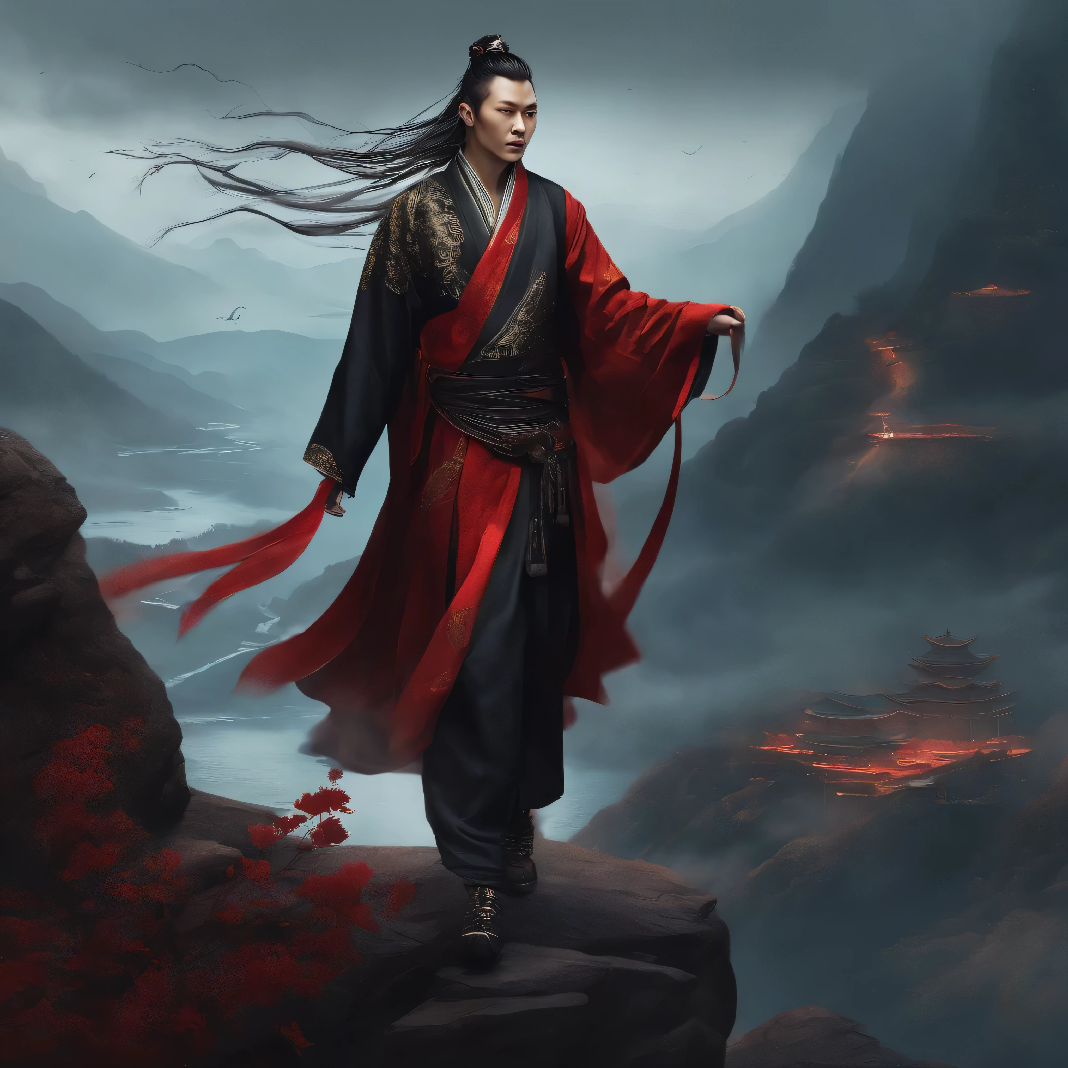 cyberpunk character，Taoist clothing，cultivation of immortals，water ink，High hills，self-confident，Wind Road Magic Bone，Blood flow in the background