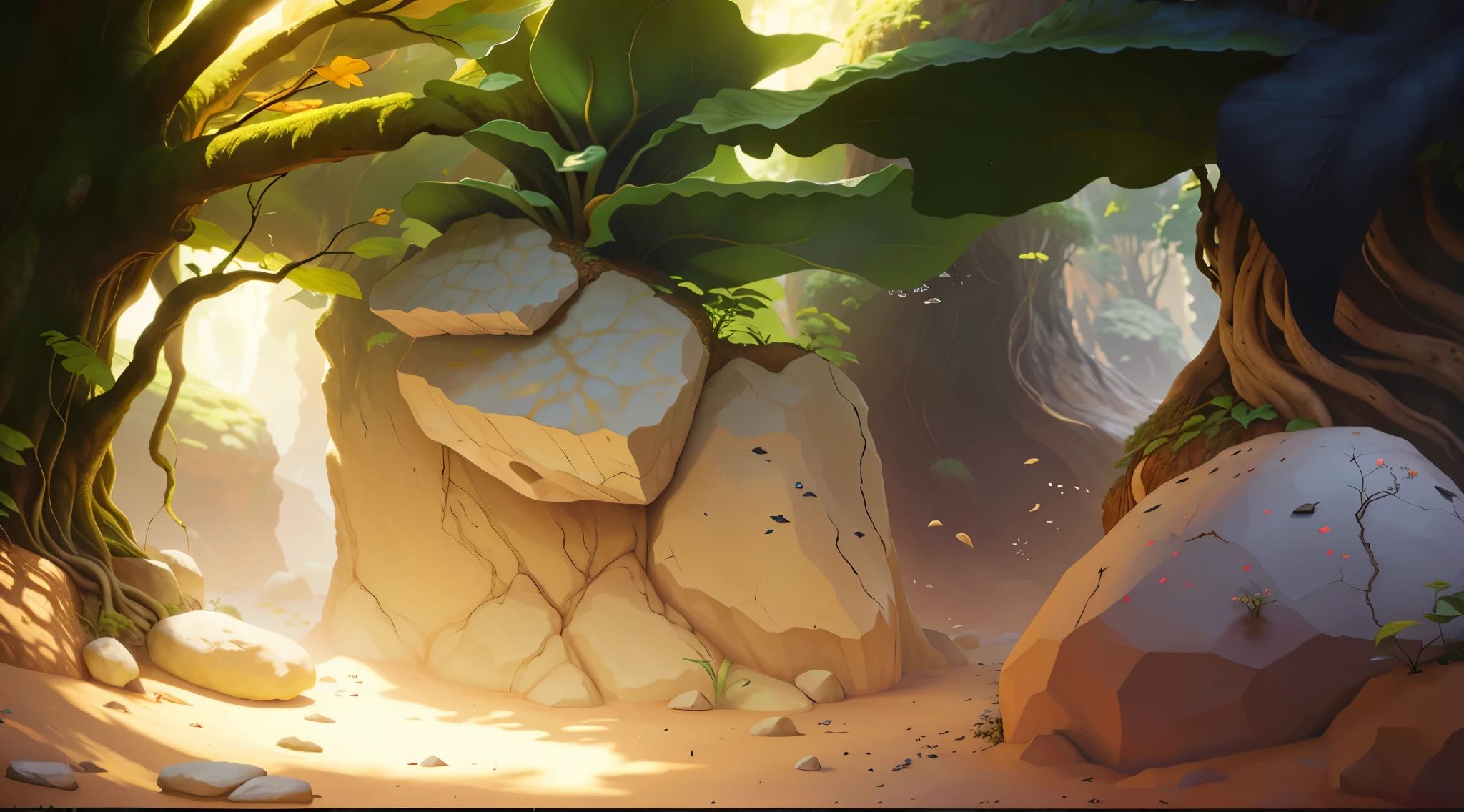 Realistic,Microcosm,big rocks,big leafs,root system,earthy,earthy地面。