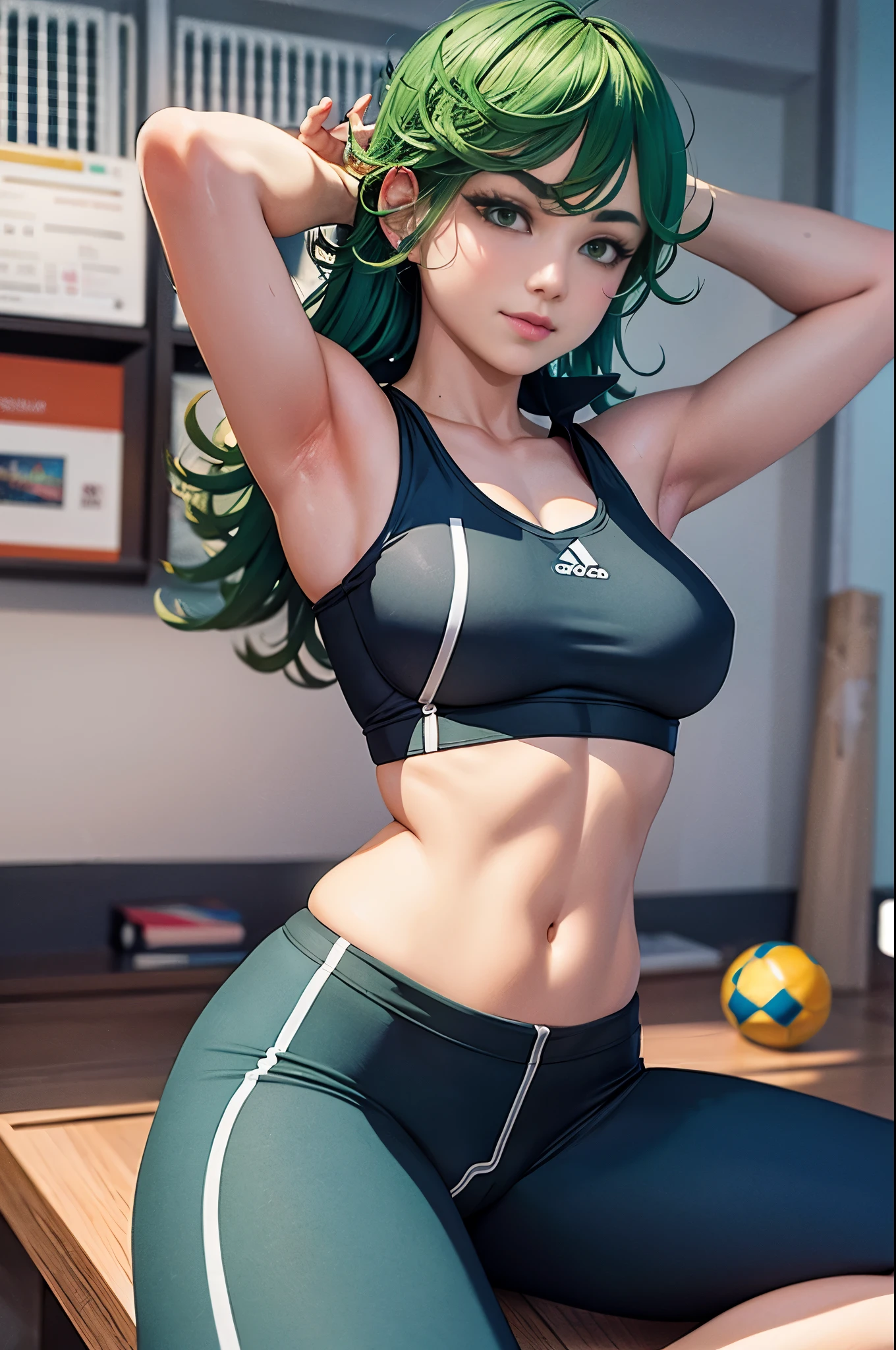 ,masterpiece, best quality, photorealistic, yujiasuit, yoga sports bra, yoga pants, 1girl, solo, , yoga ball, pants, looking at viewer, smile, green sports bra, simple background, , midriff, long hair, breasts, green pants, sportswear, tank top, upper body,gren hair,green eyes