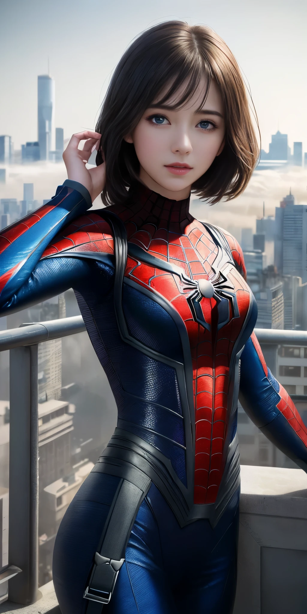 (1girl:1.3), Solo, (((Very detailed face)))), ((Very detailed eyes and face)))), Beautiful detail eyes, Body parts__, Official art, Unified 8k wallpaper, Super detailed, beautiful and beautiful, beautiful, masterpiece, best quality, original, masterpiece, super fine photo, best quality, super high resolution, realistic realism, sunlight, full body portrait, amazing beauty, dynamic pose, delicate face, vibrant eyes, (from the front), She wears Spider-Man suit, red and black color scheme, spider, very detailed city roof background, rooftop, overlooking the city, detailed face, detailed complex busy background, messy, gorgeous, milky white, highly detailed skin, realistic skin details, visible pores, clear focus, volumetric fog, 8k uhd, DSLR, high quality, film grain, fair skin, photo realism, lomography, futuristic dystopian megalopolis, translucent ,