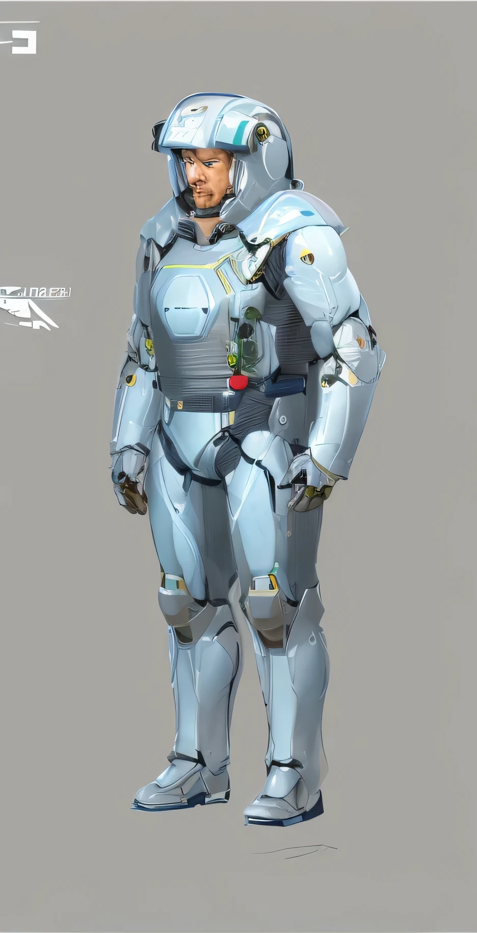 A drawing of a man in a spacesuit standing with hands on hips, Metal gear solid concept art, mechasuit, Wearing a power armor suit, ( ( character concept art ) ), full body mechasuit, fully space suited, Streamlined white armor, Full body armor, Krieger Machinery Company, clear outfit design, Detailed full body concept