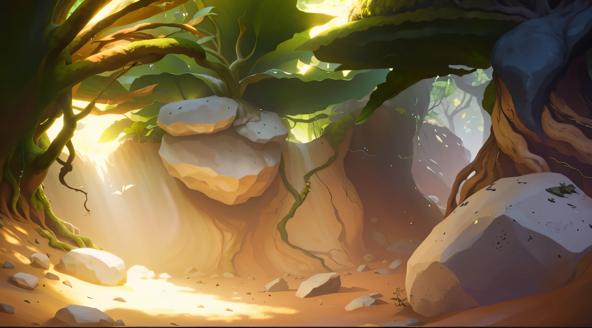 Realistic,Microcosm,big rocks,big leafs,root system,earthy,earthy地面。