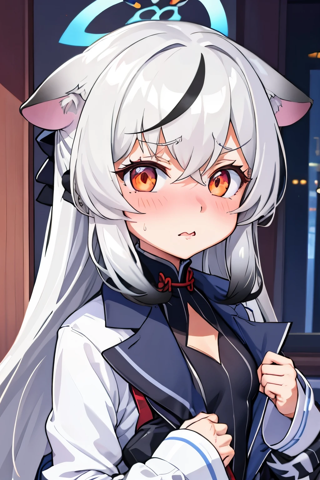 1girl, kokona, indoors, orange eyes, white hair, :3 mouth, embarrassed, beautiful eyes, beautiful lips, shiny lips, extremely detailed eyes and face, long eyelashes, close-up, warm lighting, vibrant colors, looking at the viewer, embarrassed look, blush, Winter suit, winter wonder