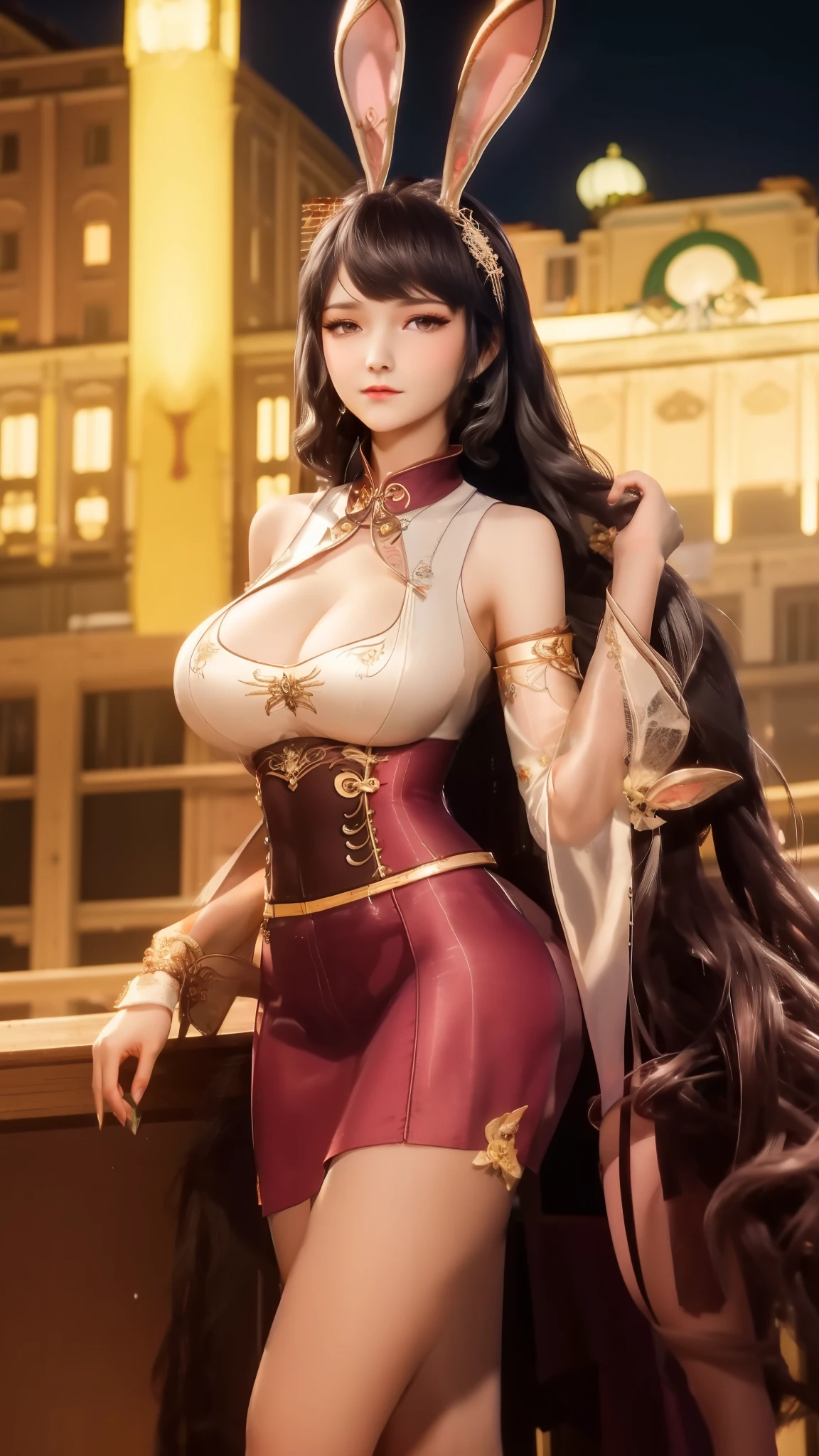 1 girl,Rabbit ears,long skirt,long hair, hair accessories, ponytail, collar,metal collar,shining,Seaside view, night, looking at the audience, aldult,pantyhose,cowboy shooting,huge ,Show breasts,Show breasts,