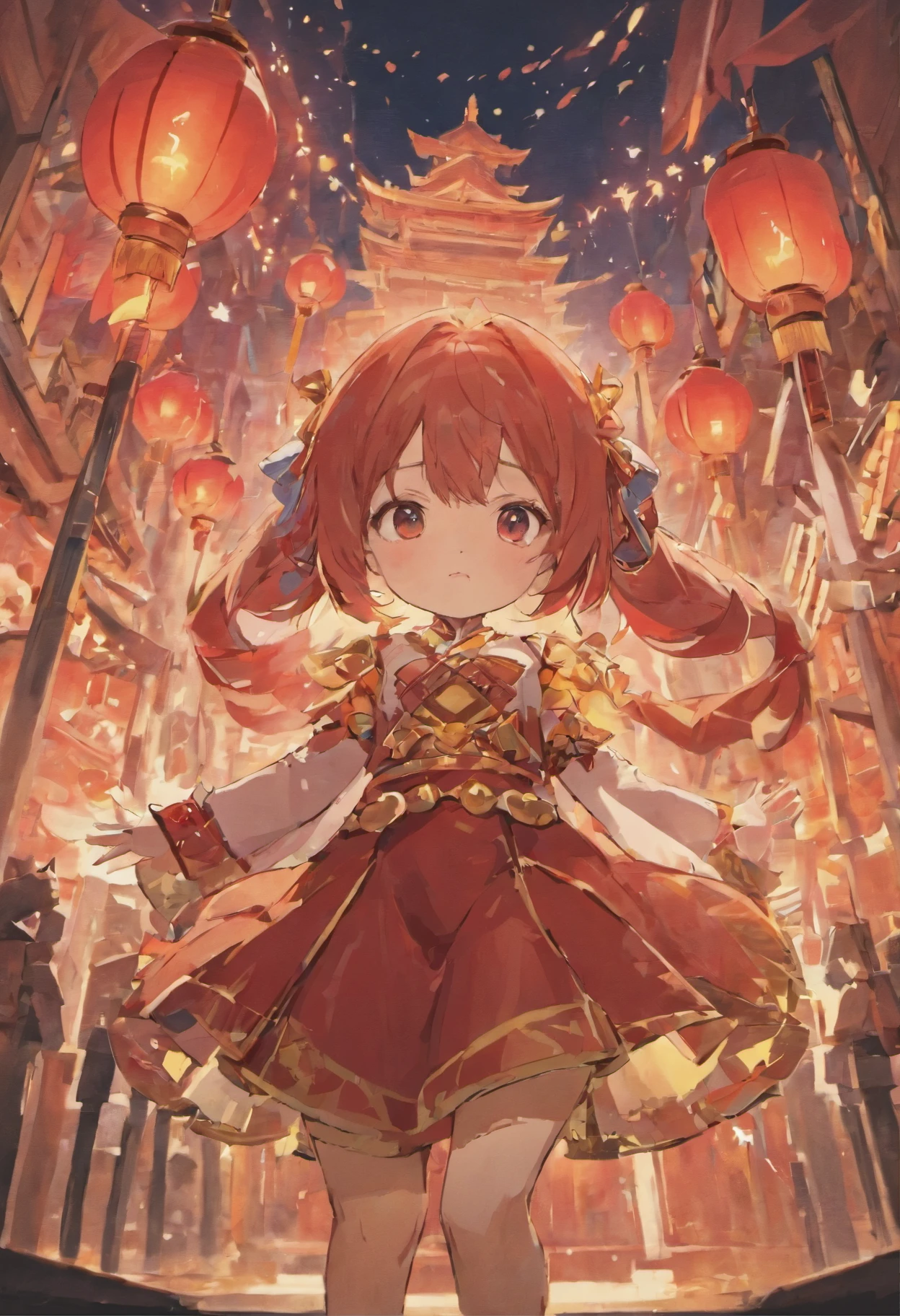 Childlike, cute child, three-headed body, red traditional costume, lantern, high-definition, cartoon style, cute, warm colors, paper texture, New Year, festive atmosphere, fireworks flashing, New Year greetings, Chinese-style architecture