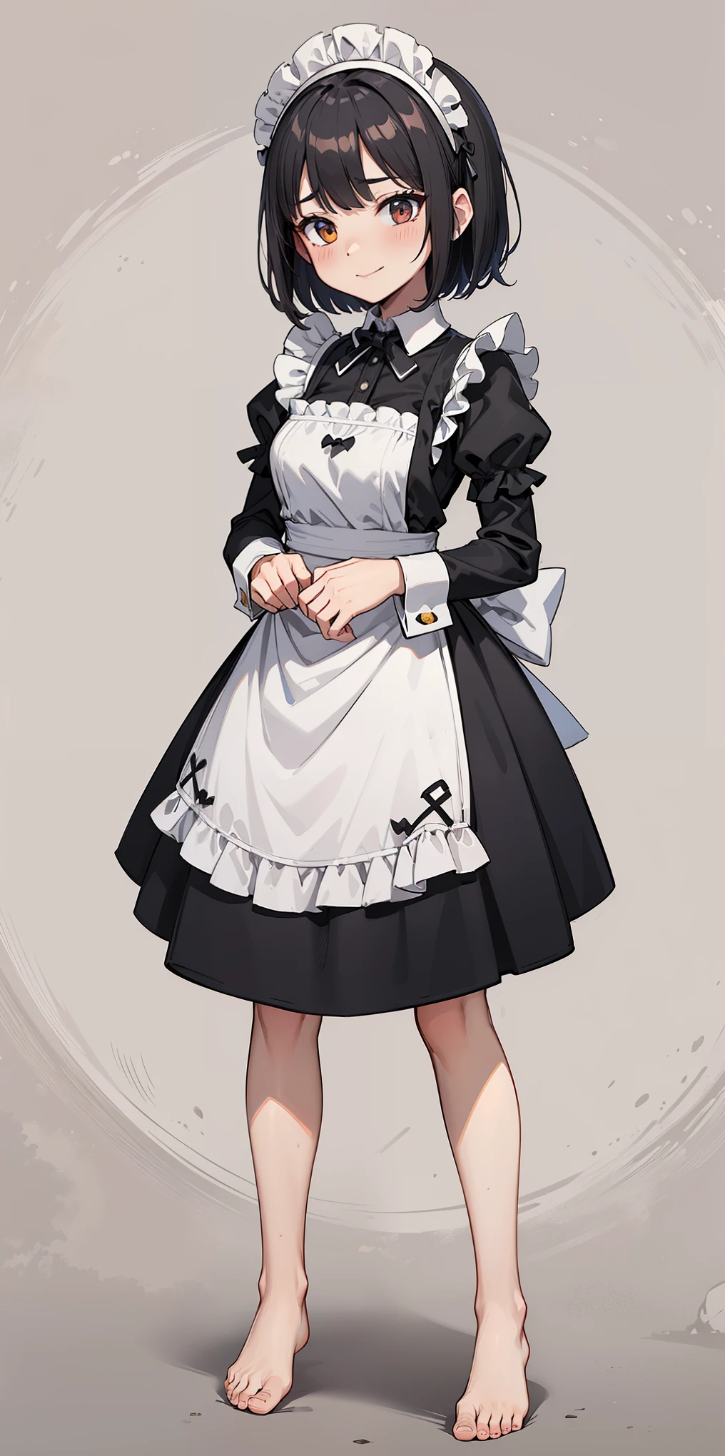 1girl, cute, ((Short black hair girl and long blonde hair girl)), maid victorian, maid apron, straight face, dazed, Body position: Standing, straight, symmetrical, barefoot, Lustful smile on face with red blush,