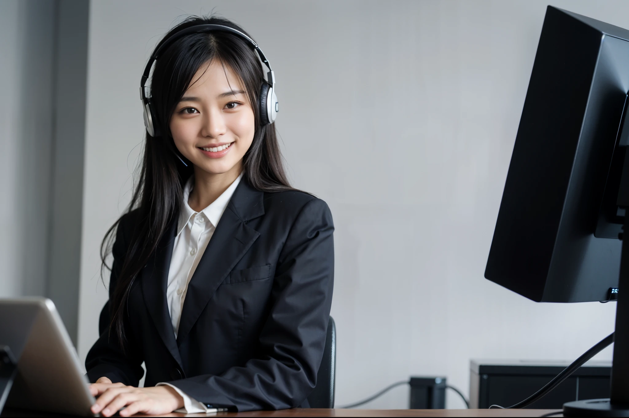 smiling asian woman in a suit with headphones on sitting at a desk, working in a call center, wearing a headset, wearing headset, wearing gaming headset, wearing a gaming headset, well lit professional photo, young asian woman, in an call centre office, young business woman, in front of a computer, korean woman, high quality image, a young asian woman