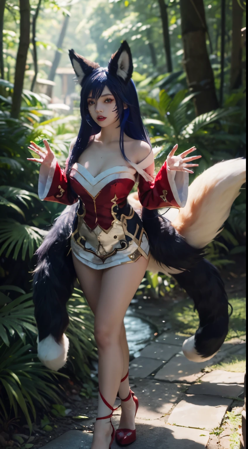 1 Girl, Fox, Fox \ (League of Legends), K/DA \ (League of Legends), Animal Ears, Face Markers, Fox Ears, Fox Tail, Orange Eyes, Multiple Tails, full body, nature backgound, red and white dress, beautiful hands, beautiful fingers