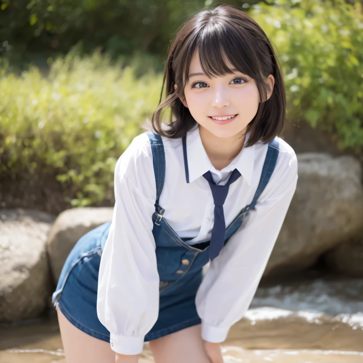 on the table, best quality, illustration, Super detailed, fine details, high resolution, 8k wallpaper, Perfect dynamic composition, Beautiful and delicate eyes,whole body摄影,show your whole body、collared shirt、mini skirt,thin and transparent、long gray hair, Bold sexy pose,Smile,Harajuku、20 year old girl、Eyeliner、beautiful bangs、hair between eyes、((masterpiece、top quality、Super detailed、movie light、intricate details、high resolution、Very detailed))、background for this、8 kood、digital SLR、soft light、high quality、film grain、富士XT3 、shallow view deep、natural soft light、Kamimei、See the knees, side view, standing at the beach,Look at the sexy shots of the lens、Above the legs、whole body、