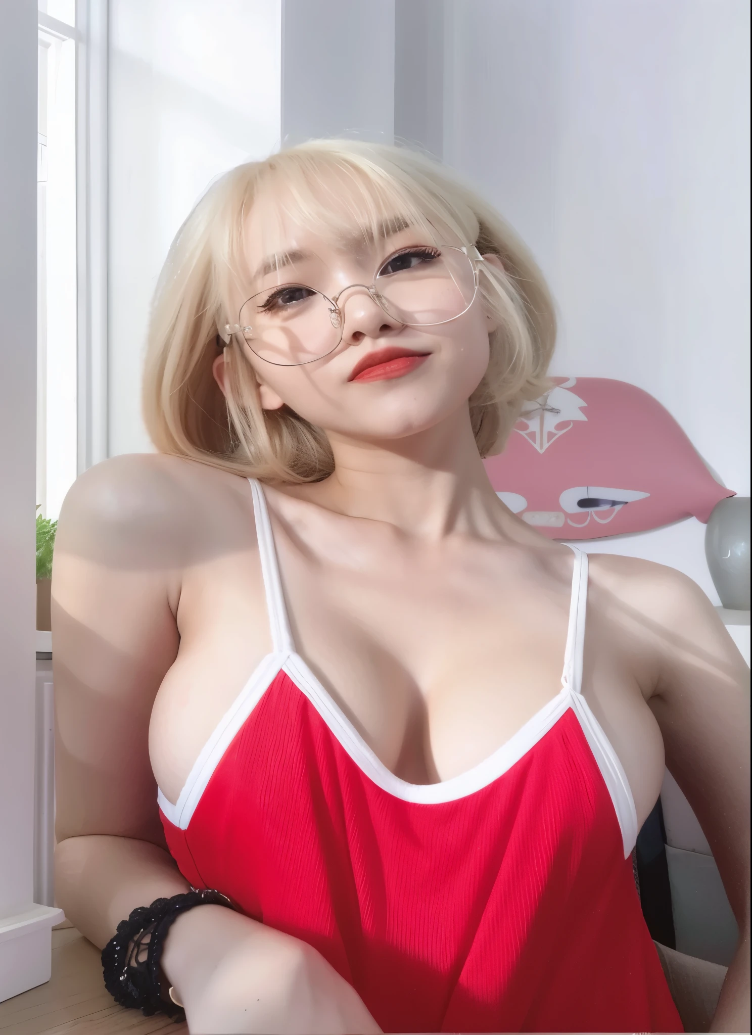 blond woman with glasses and red dress posing for a picture, amouranth, with glasses, better known as amouranth, cleavage, belle delphine, young beautiful amouranth, korean girl, ig model | artgerm, anime girl in real life, sakimichan frank franzzeta, thick glasses, sakimichan, sexy girl