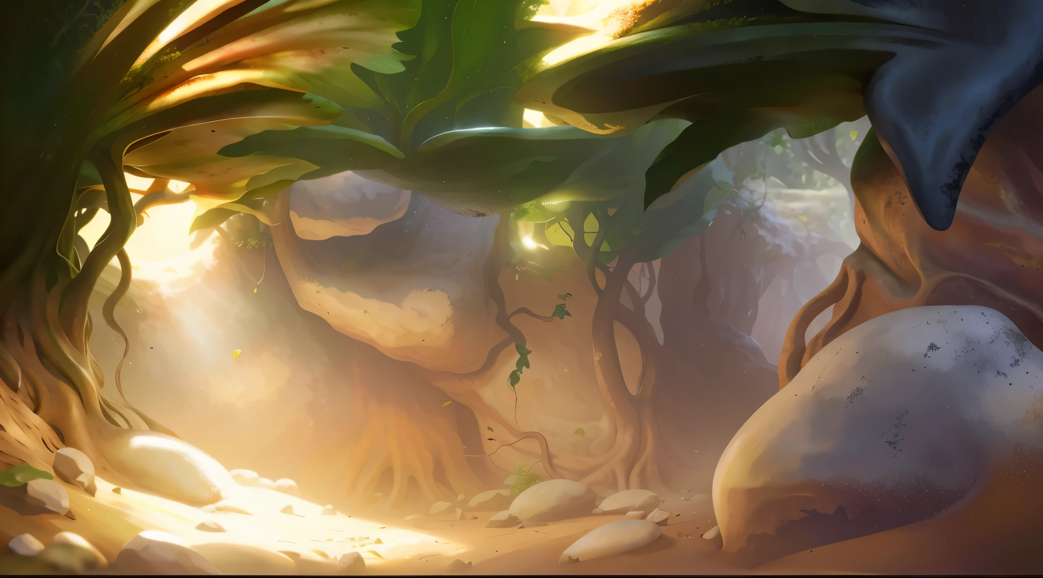 Realistic,Microcosm,big leafs,root system,earthy,earthy地面。