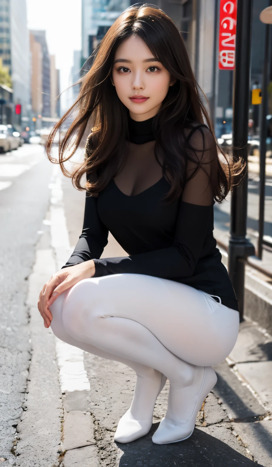 Angelique is a very beautiful and cute girl.,
beautiful and detailed eyes,
detailed double eyelids,
(Big eyes:1.3),long eyelashes,
See-through bang,
(beautiful detailed face and eyes:1.4),
small nose,
small mouth,
beautiful long hair,
Smile happily with visible teeth,
(highest quality:1.2),
RAW photo,
High resolution,
perfect details,
professional photography,
professional lighting,break (Full body tights made of ultra-thin fabric:1.3) , Ultra thin and super snug body tights,Squat backwards with your legs wide apart,beautiful feet, See-through body tights,in the city,brown hair,Too much exposed skin, Full body photo up to the toes, nipple protrusion