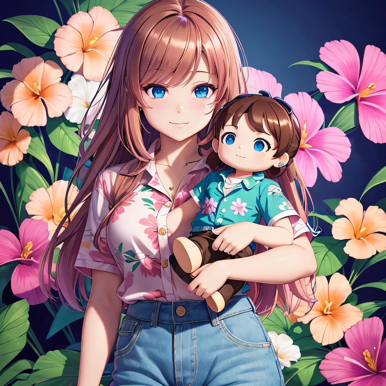 Masterpiece, best quality, (very detailed CG unity 8k wallpaper) (best quality), (best illustration), (best shadows), single female, 30 years old, full body, long pink hair, anime, large breasts, short sleeve button up hawaiian shirt with flowers, jean shorts, trippy background, lots of neon colours, edgy, piercings, holding a doll of a boy with blue eyes brown hair and soul patch that is wearing a hawaiian shirt