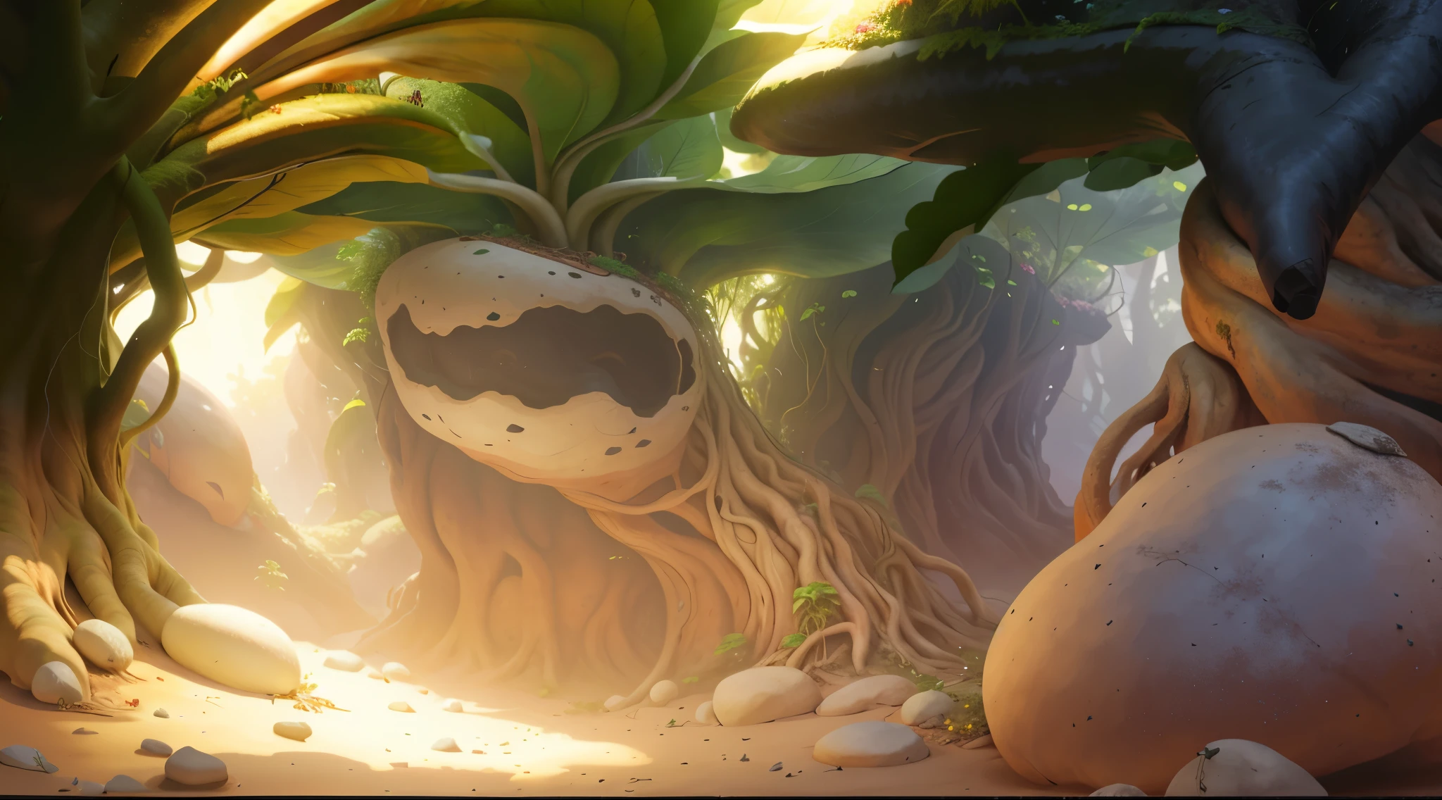 Realistic，Microcosm，big leafs，root system，earthy，earthy地面。