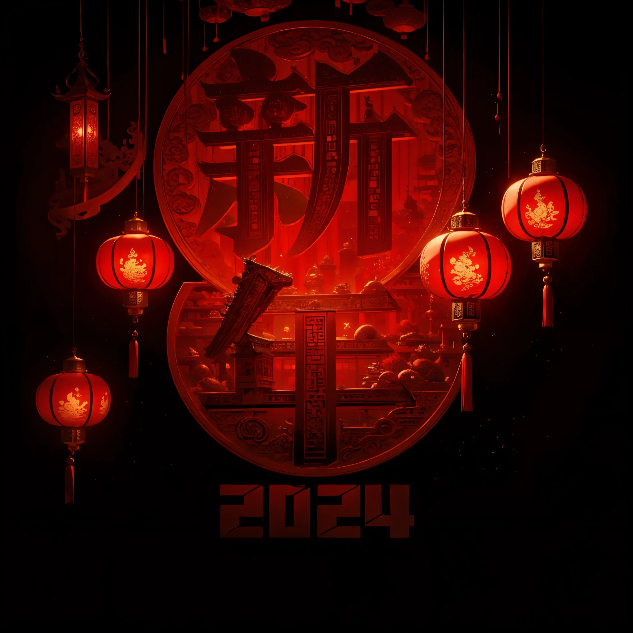 red lantern red lantern,linden trees,a cassock,Chinese style architecture,Chinese motif,totem,tmasterpiece,Rich detail pattern ,tmasterpiece,Best quality at best,ultra - detailed。chinesedragon