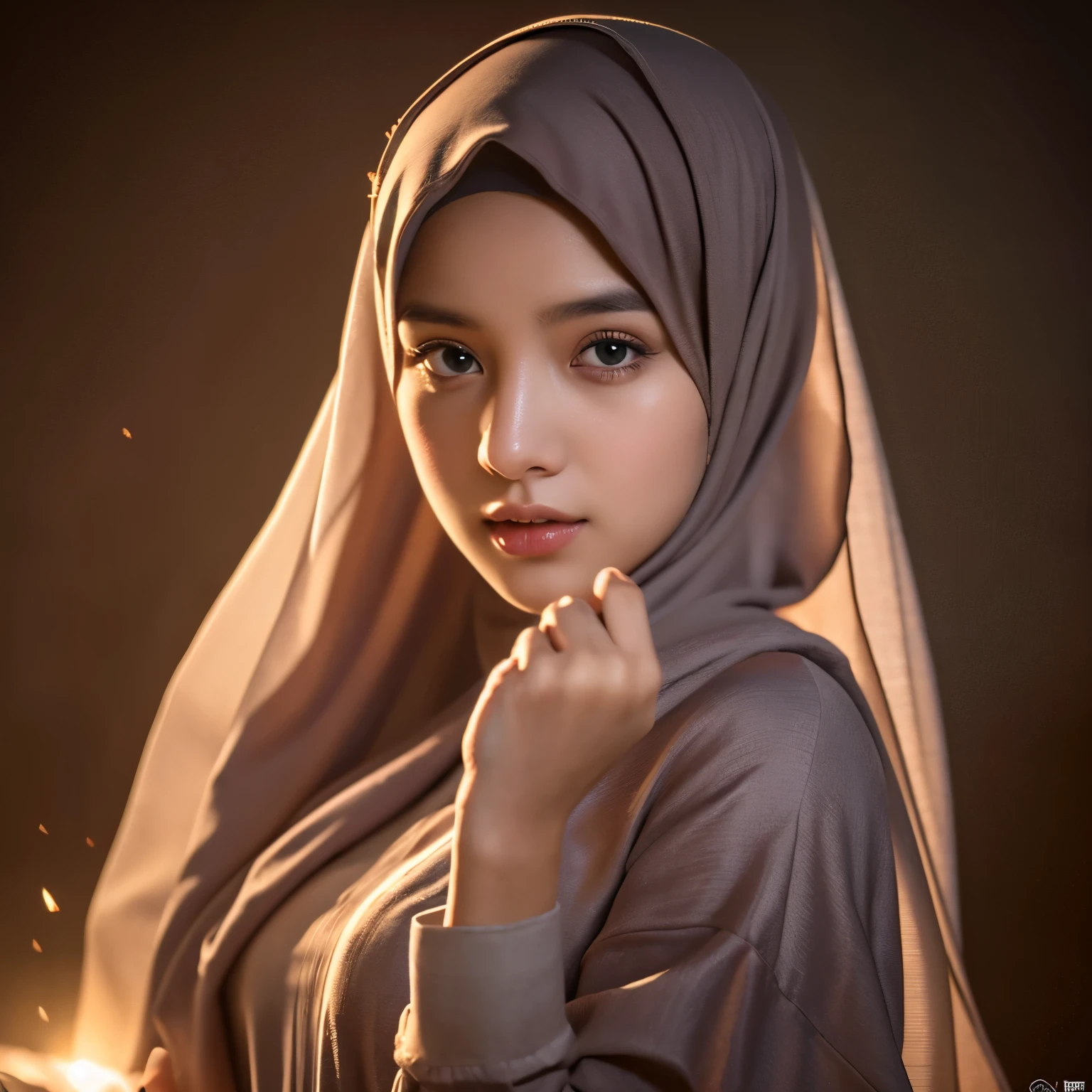 RAW photograph, best quality, masterpiece, an extremely delicate and beautiful, extremely detailed, CG, unity, 8k wallpaper, Amazing detailed, finely detailed, masterpiece, best quality, official art, extremely detailed CG unity 8k wallpaper, ultra-detailed, highres, extremely detailed, clear, focused, (best quality), (realistic, photo-realistic:1.6), 8k, soft lighting, high quality, cinematic lighting, 1girl, centered, wear hijab, long jubba thobbe, covered clothes, perfect fingers, detailed eyes