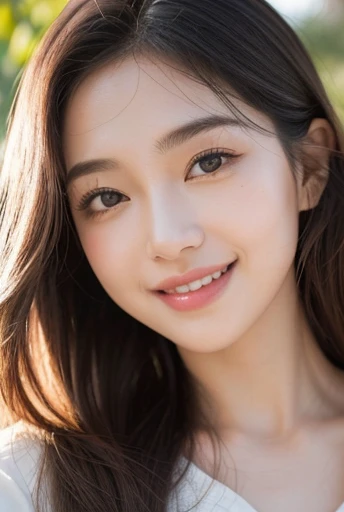 (highres)A girl with a beautiful smiling face, happy expression, and bright eyes, (realistic) radiating joy and positivity. (ultra-detailed, portraits) Her lips are curved upwards, showcasing her captivating smile, creating a cheerful atmosphere. (vivid colors) The portrait is vibrant, featuring a range of warm and inviting colors, such as shades of pink and yellow, enhancing the joyful ambiance. (sharp focus) The details of her face, including her rosy cheeks and the fine lines around her eyes, are sharply defined, adding depth and realism to the image. (studio lighting) The lighting is soft and illuminates her face perfectly, accentuating her features and creating a pleasant glow. The background is a serene garden, filled with colorful flowers and lush greenery, complementing the girl's radiant smile.