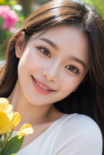 (highres)A girl with a beautiful smiling face, happy expression, and bright eyes, (realistic) radiating joy and positivity. (ultra-detailed, portraits) Her lips are curved upwards, showcasing her captivating smile, creating a cheerful atmosphere. (vivid colors) The portrait is vibrant, featuring a range of warm and inviting colors, such as shades of pink and yellow, enhancing the joyful ambiance. (sharp focus) The details of her face, including her rosy cheeks and the fine lines around her eyes, are sharply defined, adding depth and realism to the image. (studio lighting) The lighting is soft and illuminates her face perfectly, accentuating her features and creating a pleasant glow. The background is a serene garden, filled with colorful flowers and lush greenery, complementing the girl's radiant smile.