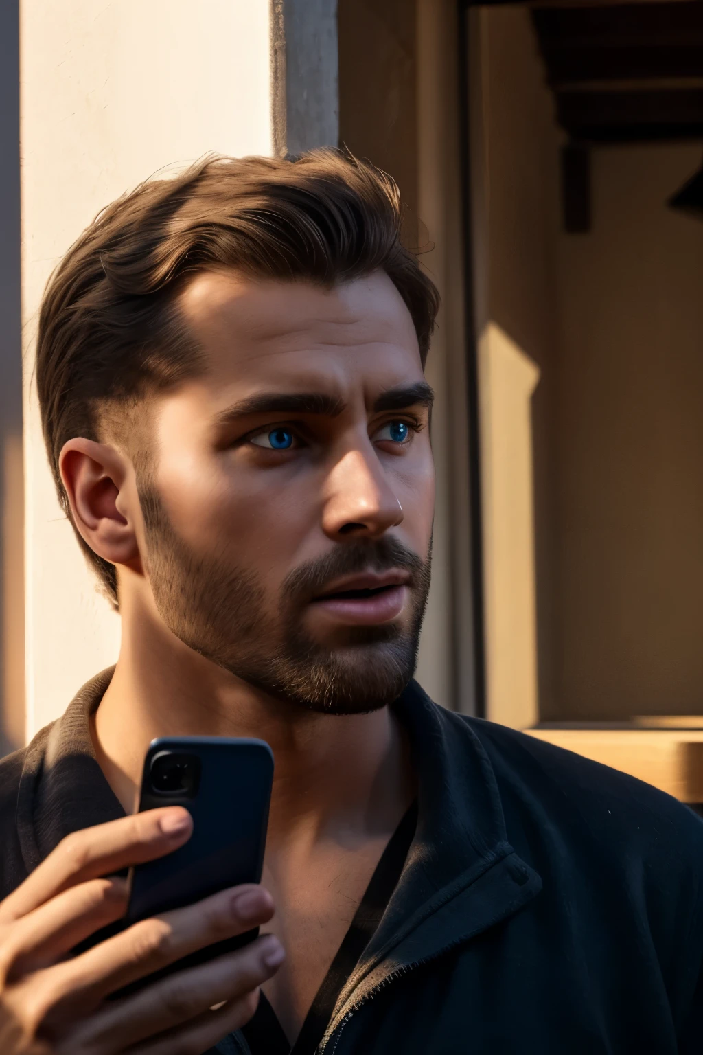 man with cell phone in hand looking to the side in surprise, with his mouth hugely open with desire when looking, highlighted eyes, dark 4k detailed shadows