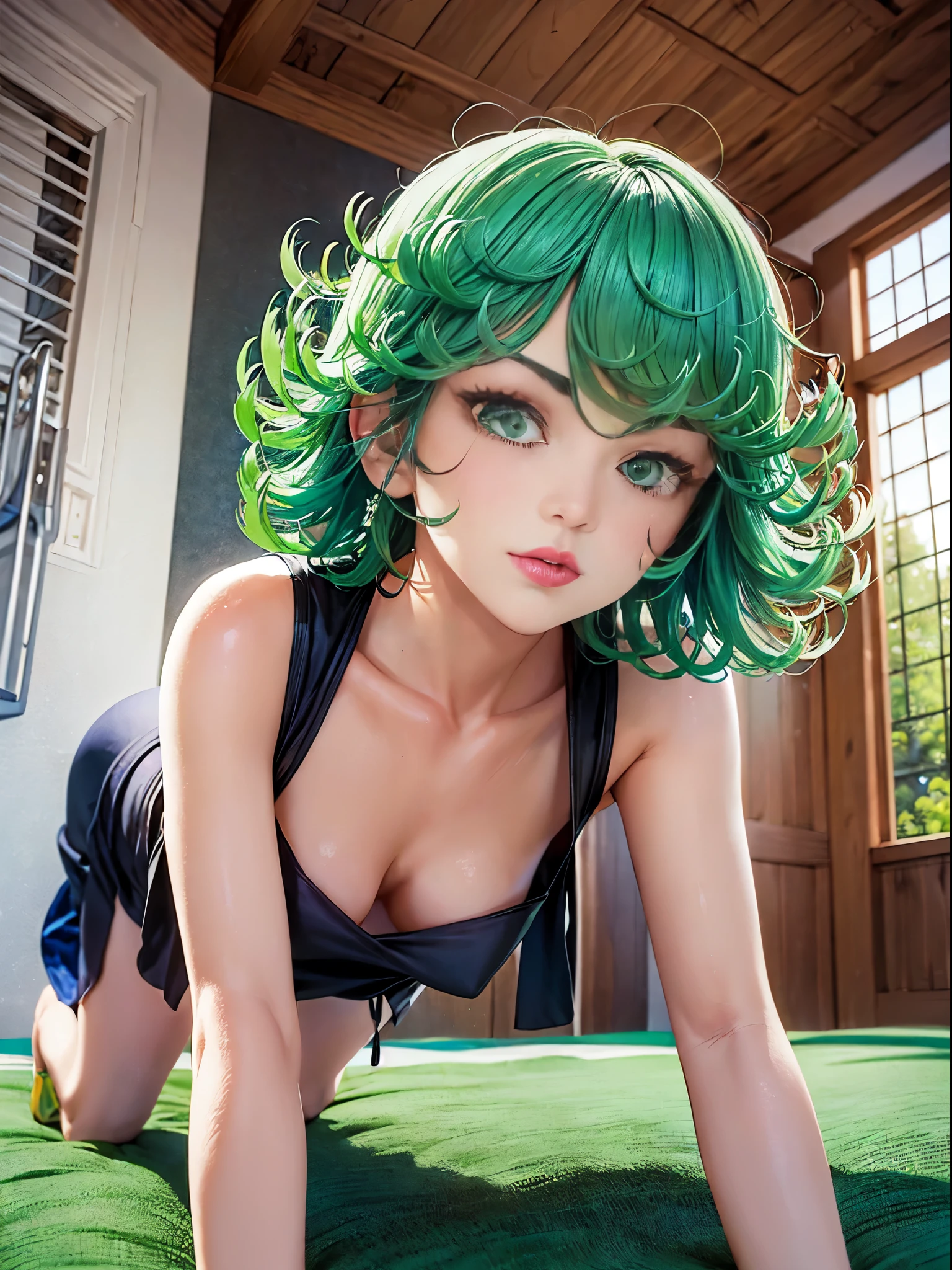(tatsumaki: 1.7) tatsumaki, Beautiful fece, masterpiece, ighly detailed, top-quality, The best lighting, best shade, face perfect, bright green eyes, short green hair, Tight dark green pajamas, nabel, hairarmpits, Lying in a hammock watching the audience, tiny chest, The Flash, slimy, Sloppy look, on all fours, fluffy,