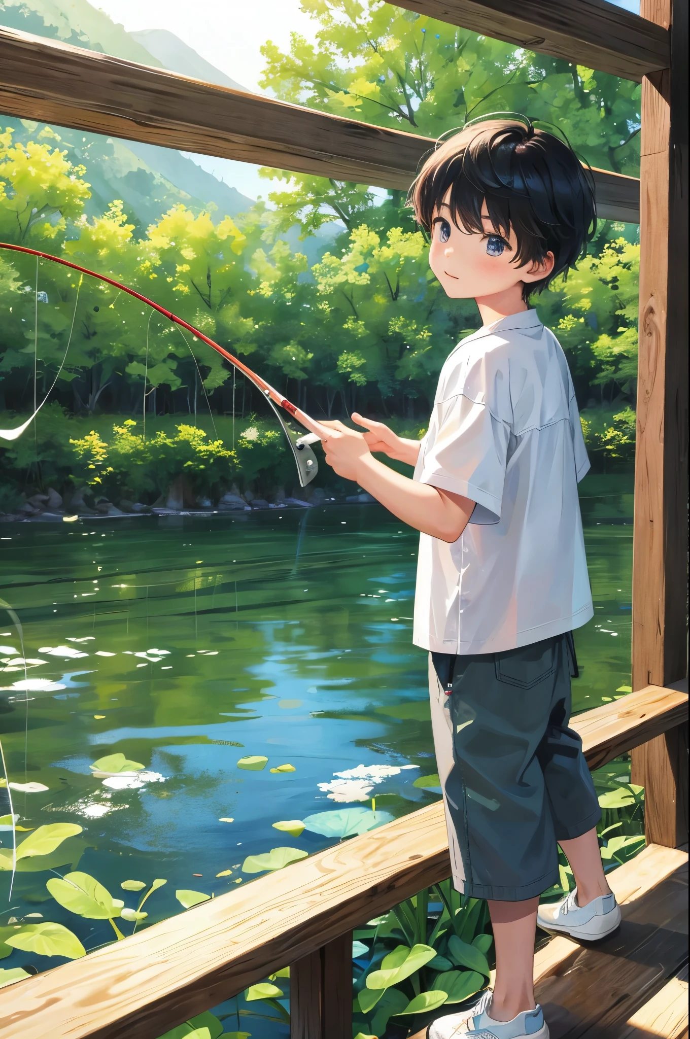 a kid fishing、Inside the complex、Holding a long fishing rod