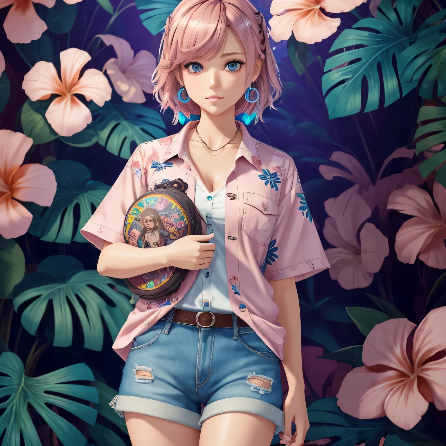 Masterpiece, best quality, (very detailed CG unity 8k wallpaper) (best quality), (best illustration), (best shadows), single female, 30 years old, full body, long light pink hair, anime, large breasts, short sleeve button up hawaiian shirt with flowers, jean shorts, trippy background, lots of neon colours, edgy, piercings, holding a doll of a boy with blue eyes brown hair and soul patch that is wearing a hawaiian shirt