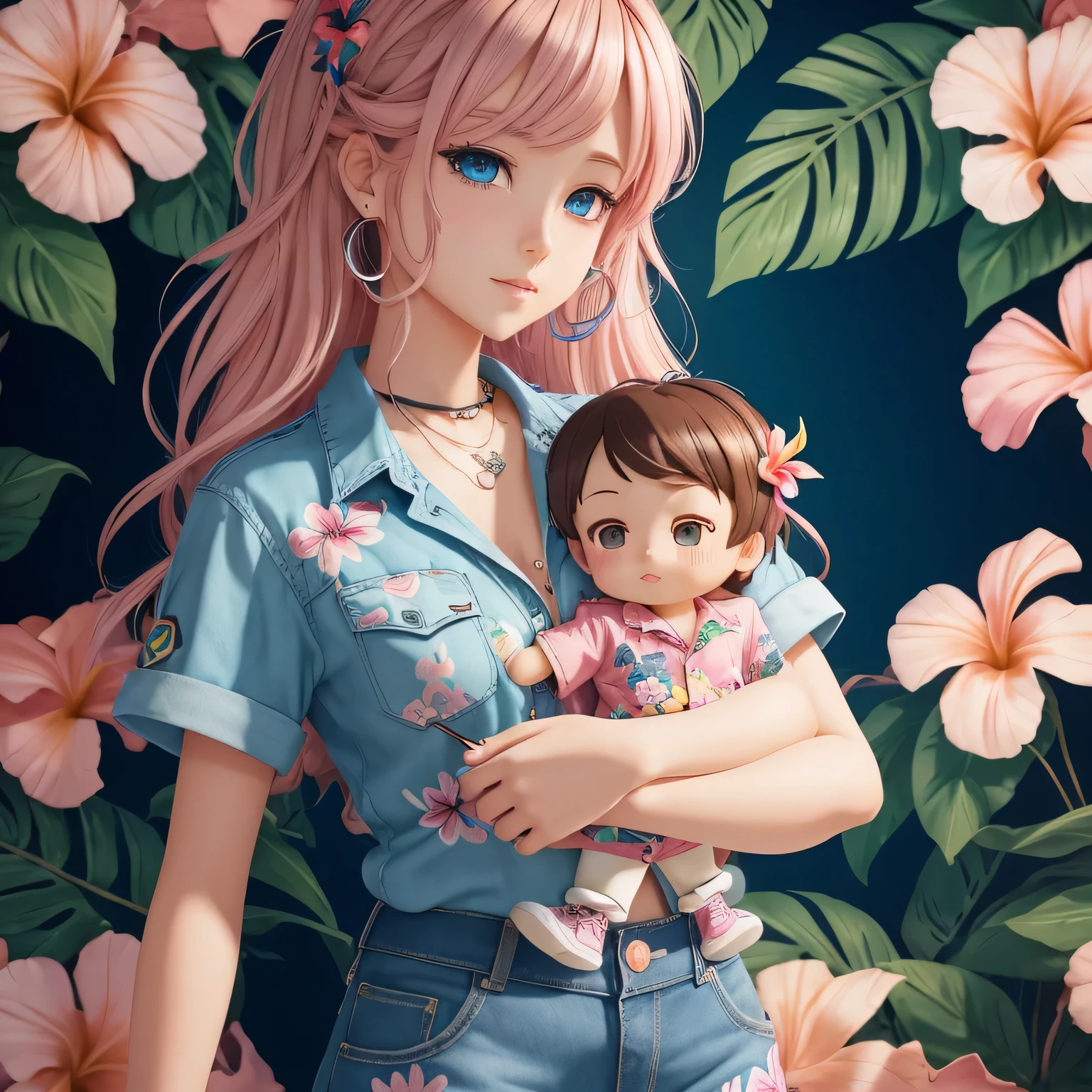 Masterpiece, best quality, (very detailed CG unity 8k wallpaper) (best quality), (best illustration), (best shadows), single female, 30 years old, full body, long light pink hair, anime, large breasts, short sleeve button up hawaiian shirt with flowers, jean shorts, trippy background, lots of neon colours, edgy, piercings, holding a doll of a boy with blue eyes brown hair and soul patch that is wearing a hawaiian shirt