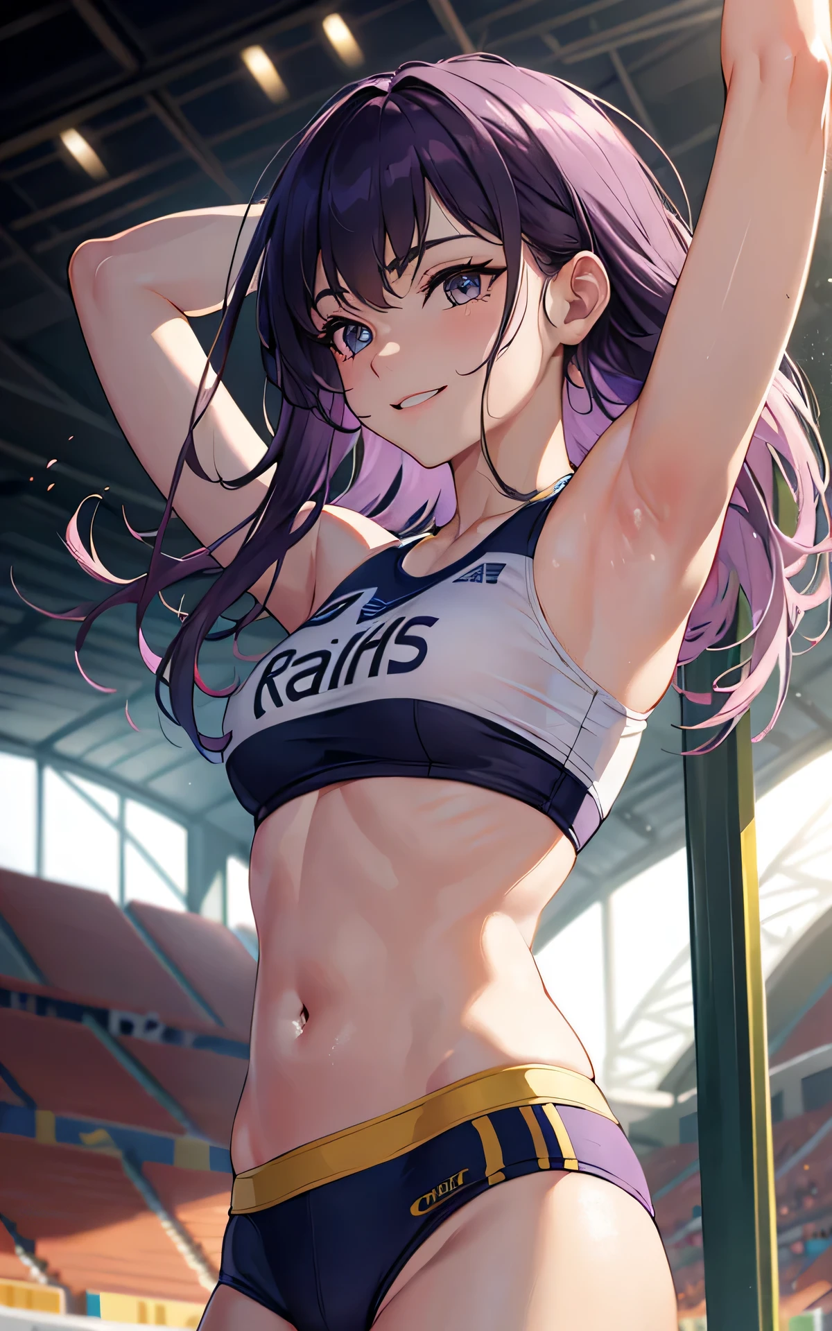 Unity 8K Wallpaper, Masterpiece, Best Quality, Ultra Detailed, Extremely Detailed CG, Ultra High Resolution, Caustics, Detailed, Beautiful Detailed Eyes, solo, (close up face, from side, portrait:1.3, athletics stadium, brighten the subject, running trunks), smile, brown eyes, medium hair, purple hair