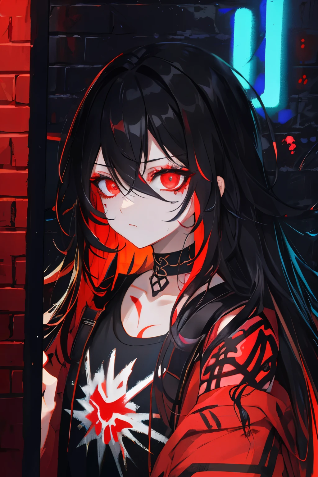 best quality, intricate details, chromatic aberration,
1girl, long hair, black hair, messy hair, red highlights, hair over one eye, red eyes, sharp eyes,
choker, neon shirt, torn legwear, open jacket,
against wall, brick wall, graffiti, glowing grafiti, glowing tattoos, glow, neon lights,
blacklight,