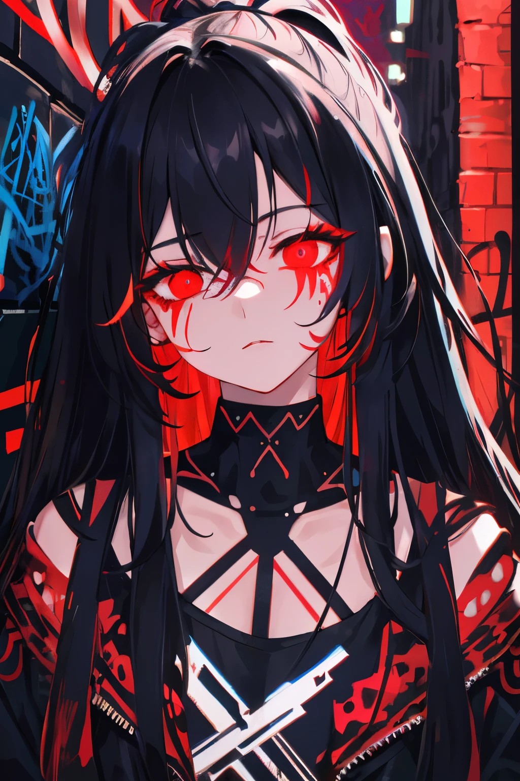 best quality, intricate details, chromatic aberration, 

1girl, long hair, black hair, messy hair, red highlights, hair over one eye, red eyes, sharp eyes, 

choker, neon shirt, torn legwear, open jacket, 

against wall, brick wall, graffiti, glowing grafiti, glowing tattoos, glow, neon lights, 


blacklight,