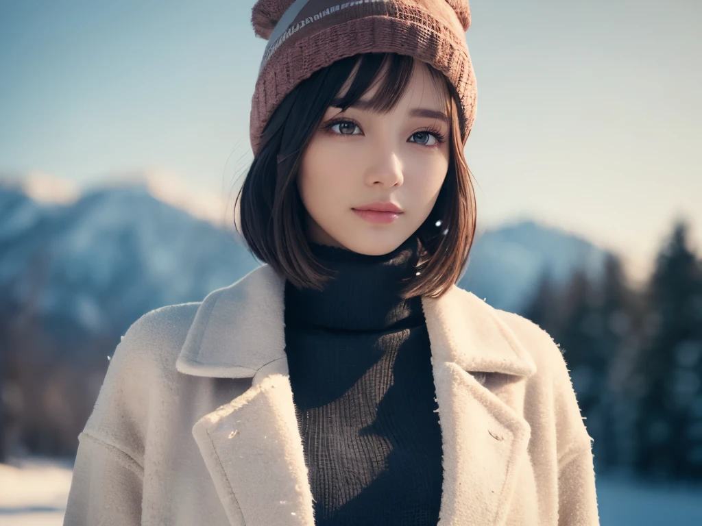 1girl in, (Wear winter clothes:1.2), (Unripe, Best Quality), (Realistic, Photorealsitic:1.4), masutepiece, Extremely delicate and beautiful, Extremely detailed, 2k wallpaper, amazing, finely detail, the Extremely Detailed CG Unity 8K Wallpapers, Ultra-detailed, hight resolution, Soft light, Beautiful detailed girl, extremely detailed eye and face, eyes are brown,beautiful detailed nose, Beautiful detailed eyes, Cinematic lighting, Winter scene, Perfect Anatomy, rich and big breasts, Straight Bob Cut Hair, Bangs, Looking at Viewer, A slight smil,large size knit hat,Thick muffler,light pink turtleneck sweater,open front wool coat,FULL BODYSHOT,