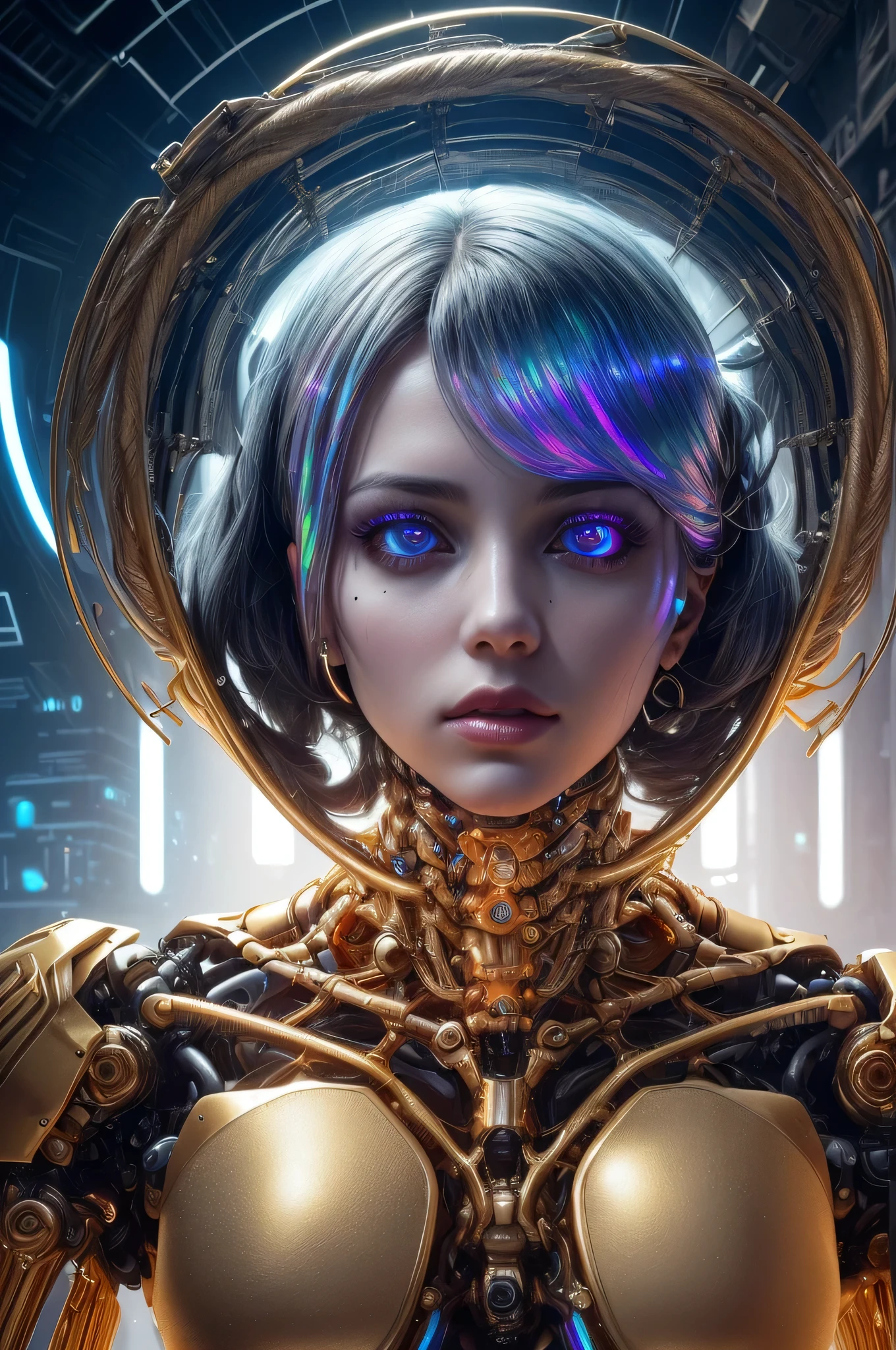 (1girl), (human face:1.2), Highly Detailed Beautiful girl, (extremely detailed beautiful face), Amazing face and eyes, (Highest Quality: 1.4), (Super Detailed), (Very Delicate and Beautiful), golden body, Biomechanical Cyborg, Beautiful Natural Shapes, Arteries, Veins , lace, colorful details, diamond earrings, very delicate embroidery, intricate details, skeleton, ultra-transparent skin, surreal, Super detailed, cyborg girl, realistic, (detailed golden, hollow body interior, made of golden metal, half human, translucent human body, Skin made of layers of extremely complex metal fibers, The inside of the body is an incredibly complex structure made up of countless IC chips: 1.6), iridescent, futuristic, super complex, super beautiful, highly detailed CG unified 8K wallpaper, high resolution raw color photo, professional photo, flesh and blood, (cyber punk, Spiral structure, future urban cyberspace, iridescent illumination, dazzling light:1.5),